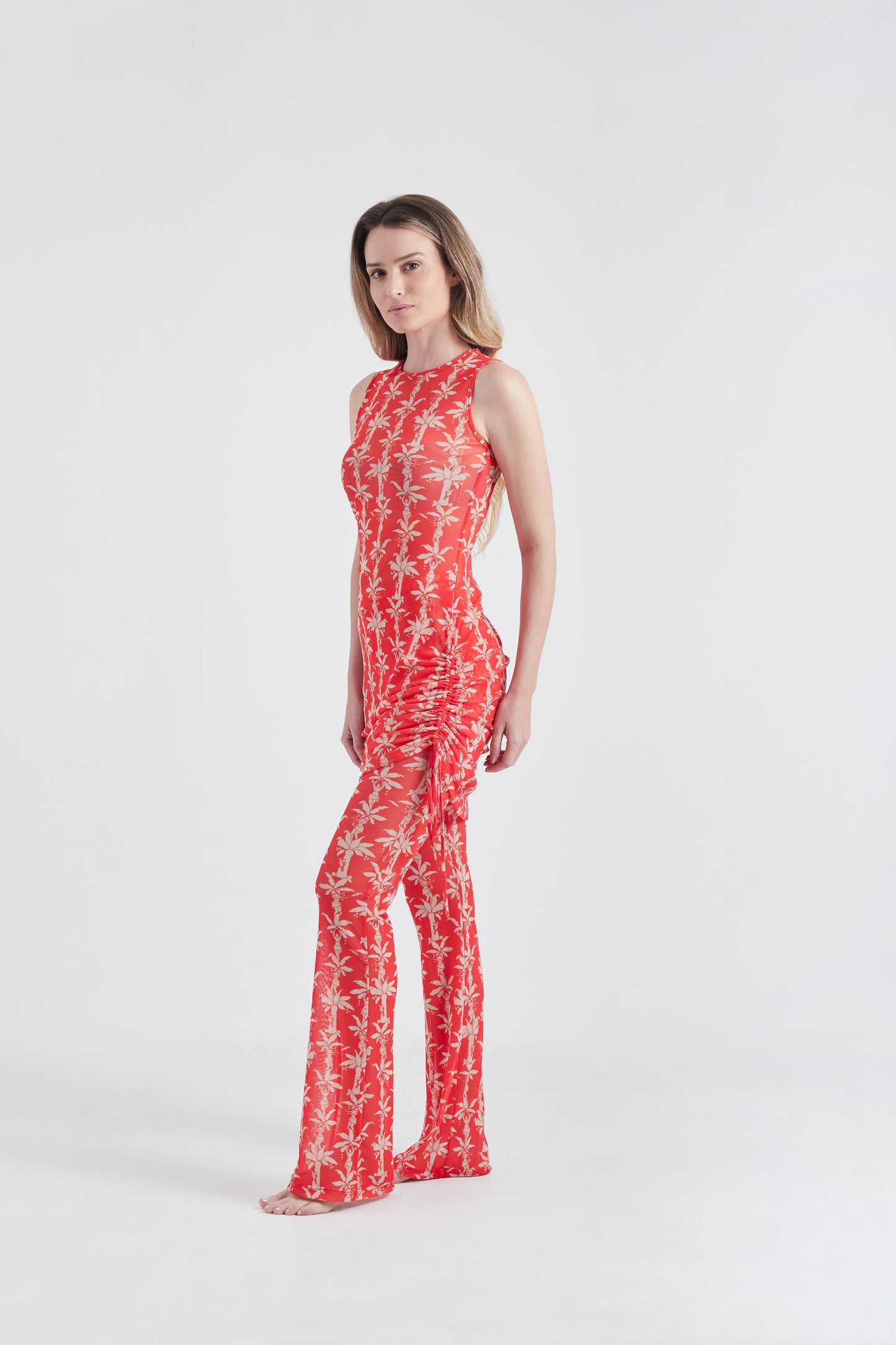 Vestido Drapeado Puxador Fauna & Flora Vermelho/Off White