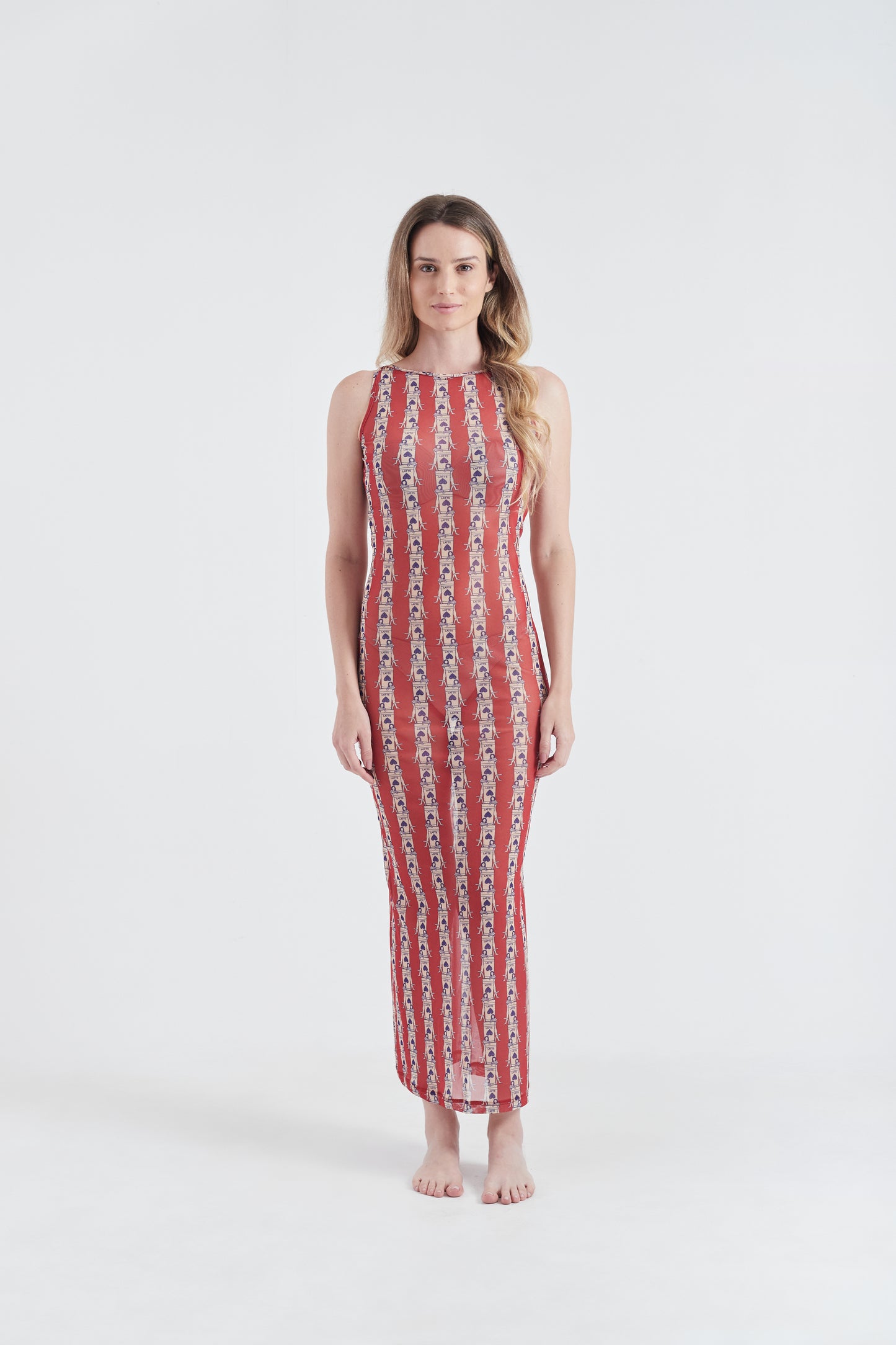 Vestido Longo Regata Olha o Latte Vermelho/Branco