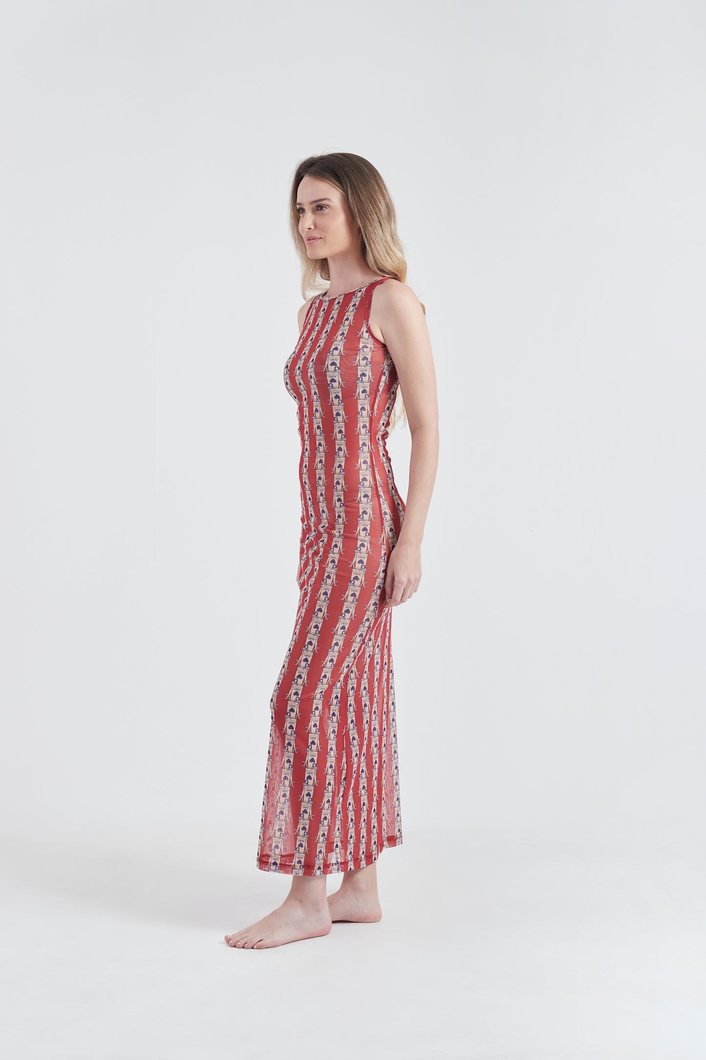 Vestido Longo Regata Olha o Latte Vermelho/Branco
