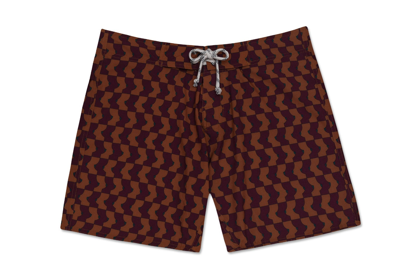 BoardShorts Boobie Trap com realces do corpo, tons de marrom sobre a estampas e detalhes linhas que verdes que contornam o desenho, apresentando cordão ajustavel branco, ideal para praia e atividades aquáticas