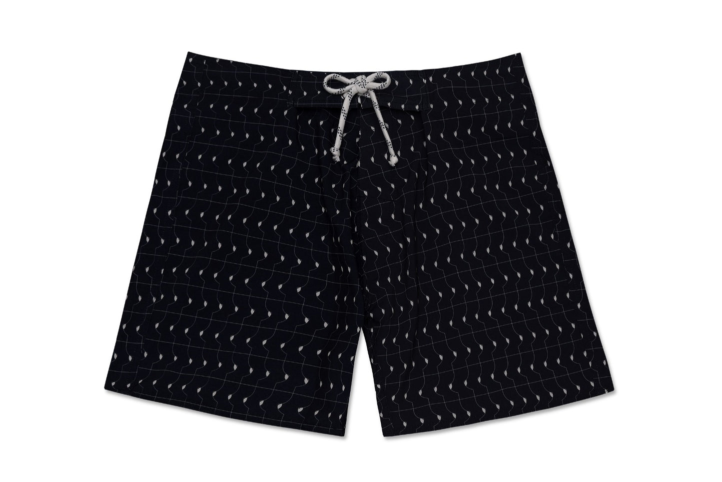 Board Shorts Boobie Trap em preto e branco com estampa minimalista, ideal para praia e academia