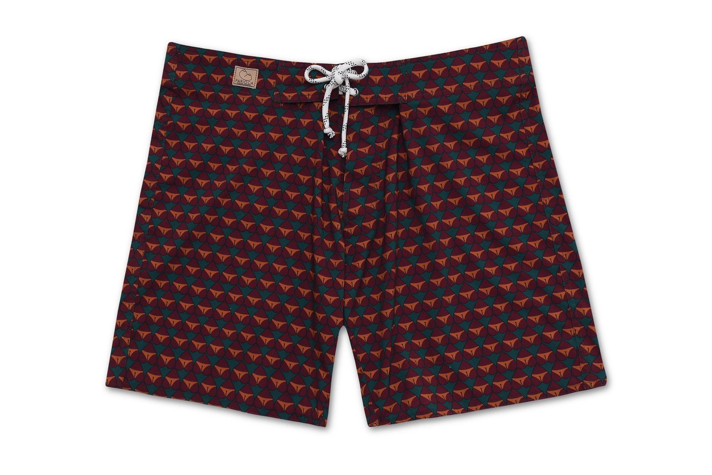 Board Shorts Paixão Nacional em marrom e verde com estampa geométrica frontal