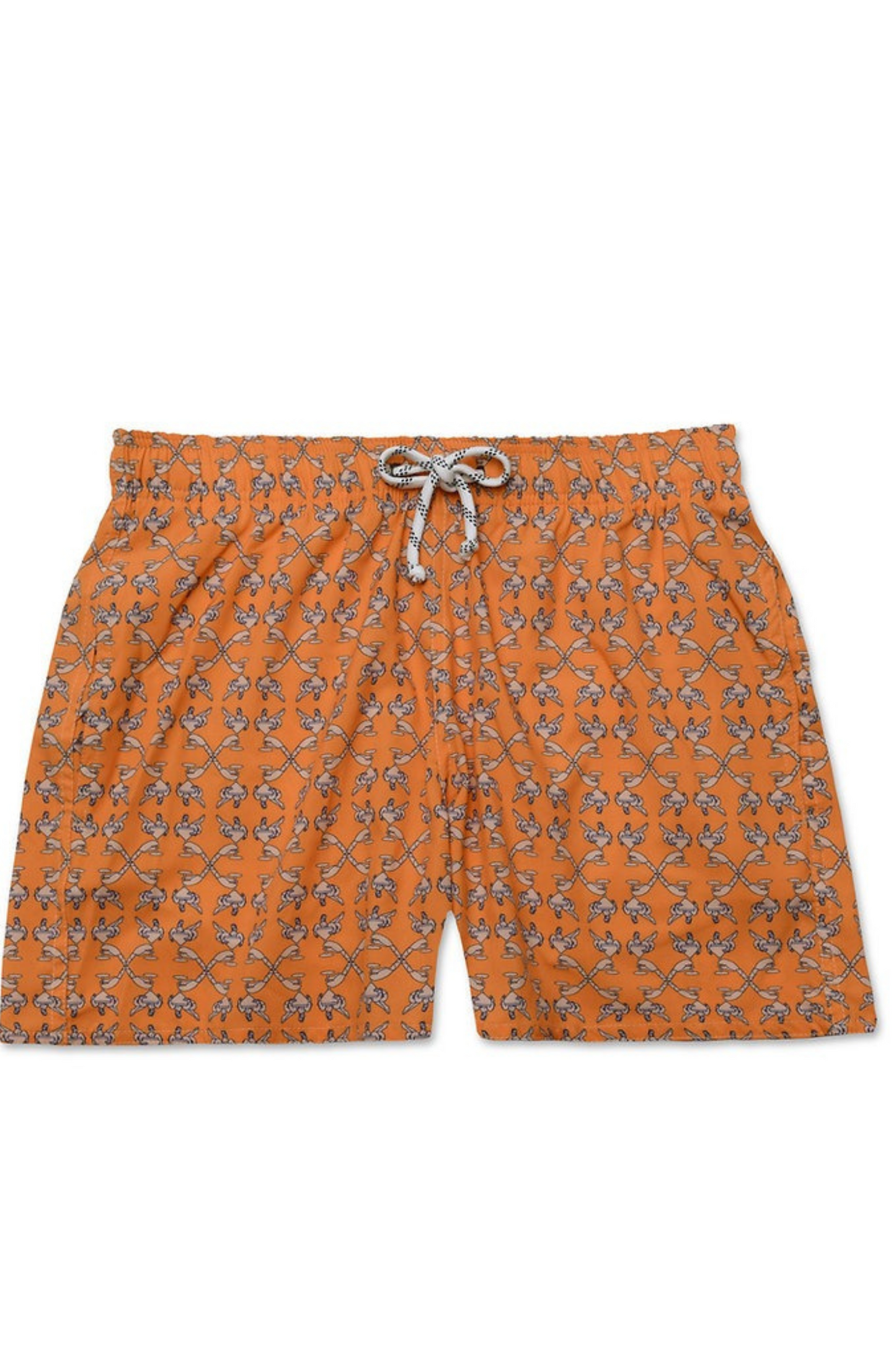 O Shorts Aperitivo Amarelo mostra o design leve e confortável. Ele possui uma estampa verde com detalhes dourados, distribuídos uniformemente sobre um fundo claro.