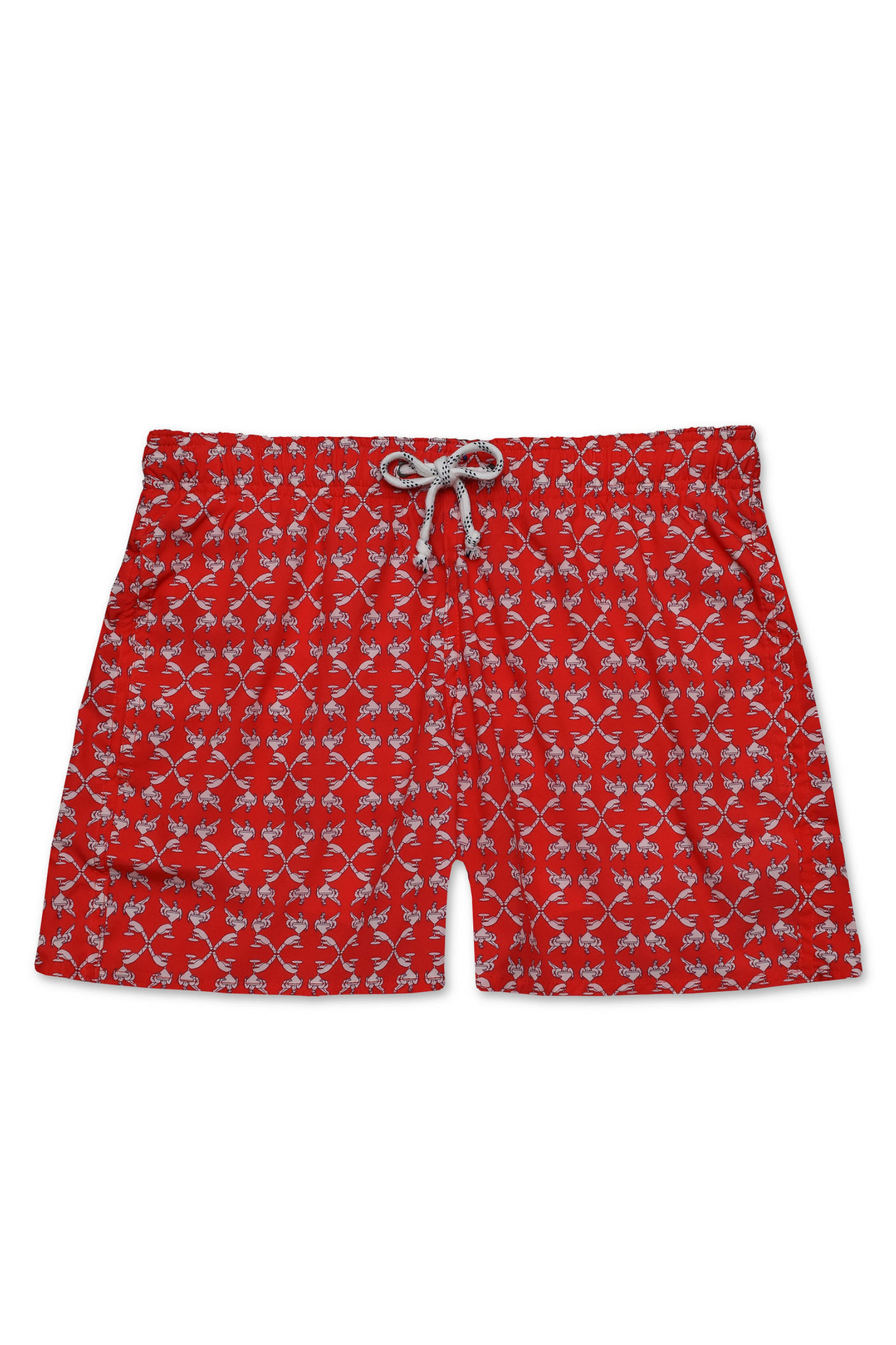 Shorts Aperitivo vermelho de cor vibrante estiloso, com estampa impactante. Apresentando sobre um fundo claro.
