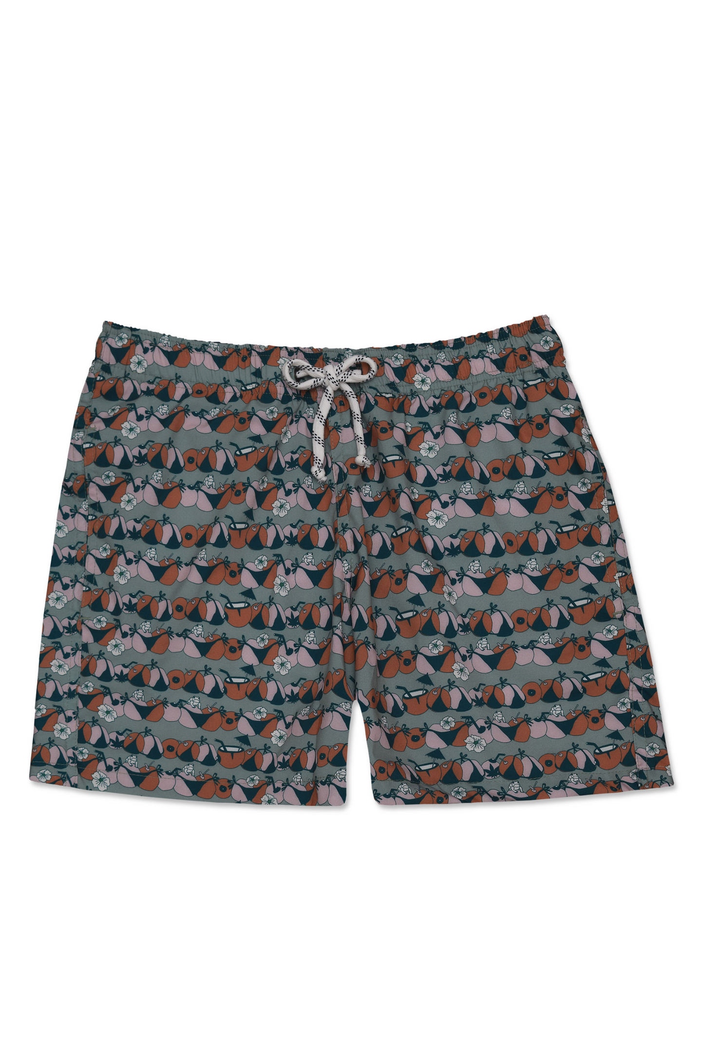 Shorts Bikini Koko Verde/Branco com estampa descontraída, elástico no cós e forro de rede.