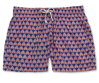 Shorts Paixão Nacional Azul/Rosa com estampa geométrica, material tecnológico e ajuste confortável, vista frontal.