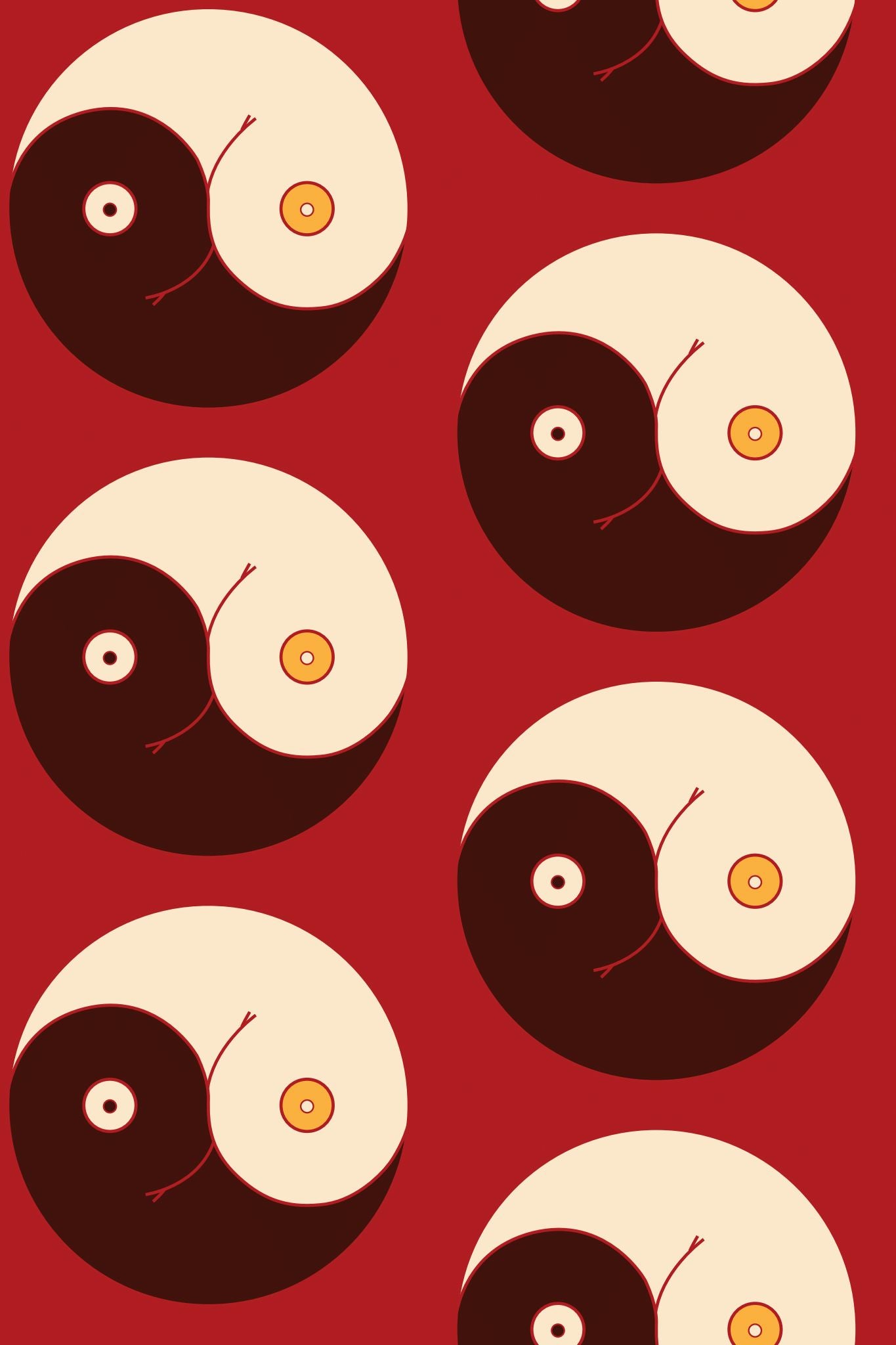 Close da estampa yin-yang em vermelho e bege dos Shorts Yin and Out Vermelho, padrão exclusivo e vibrante.