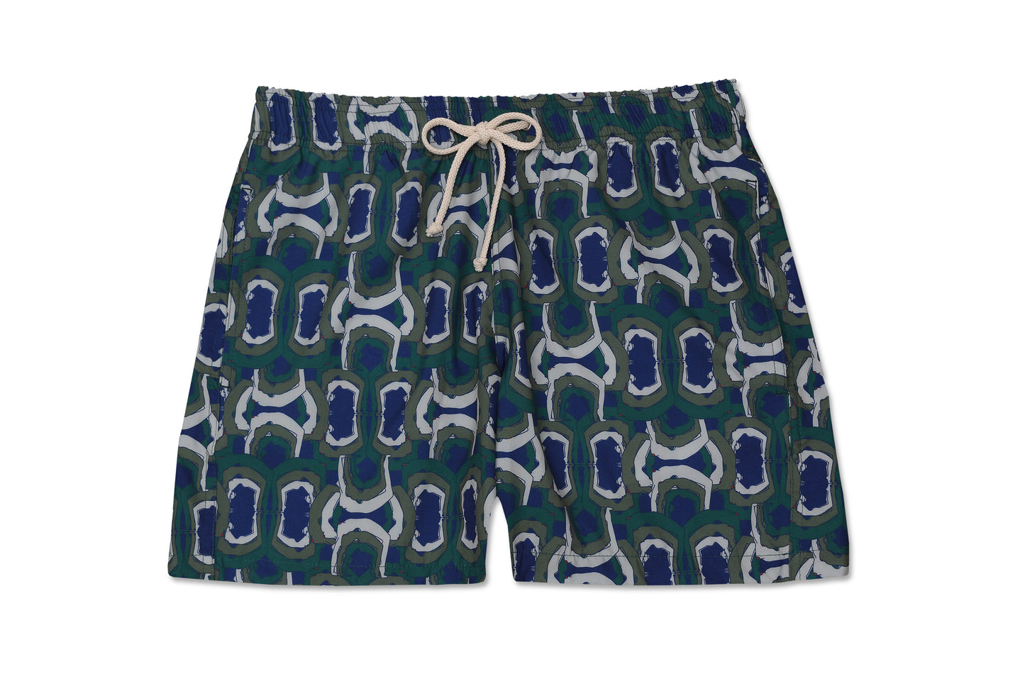 Shorts Yoga Sutra Verde/Azul com estampa geométrica em tons vibrantes de verde e azul, ideal para praia e academia.