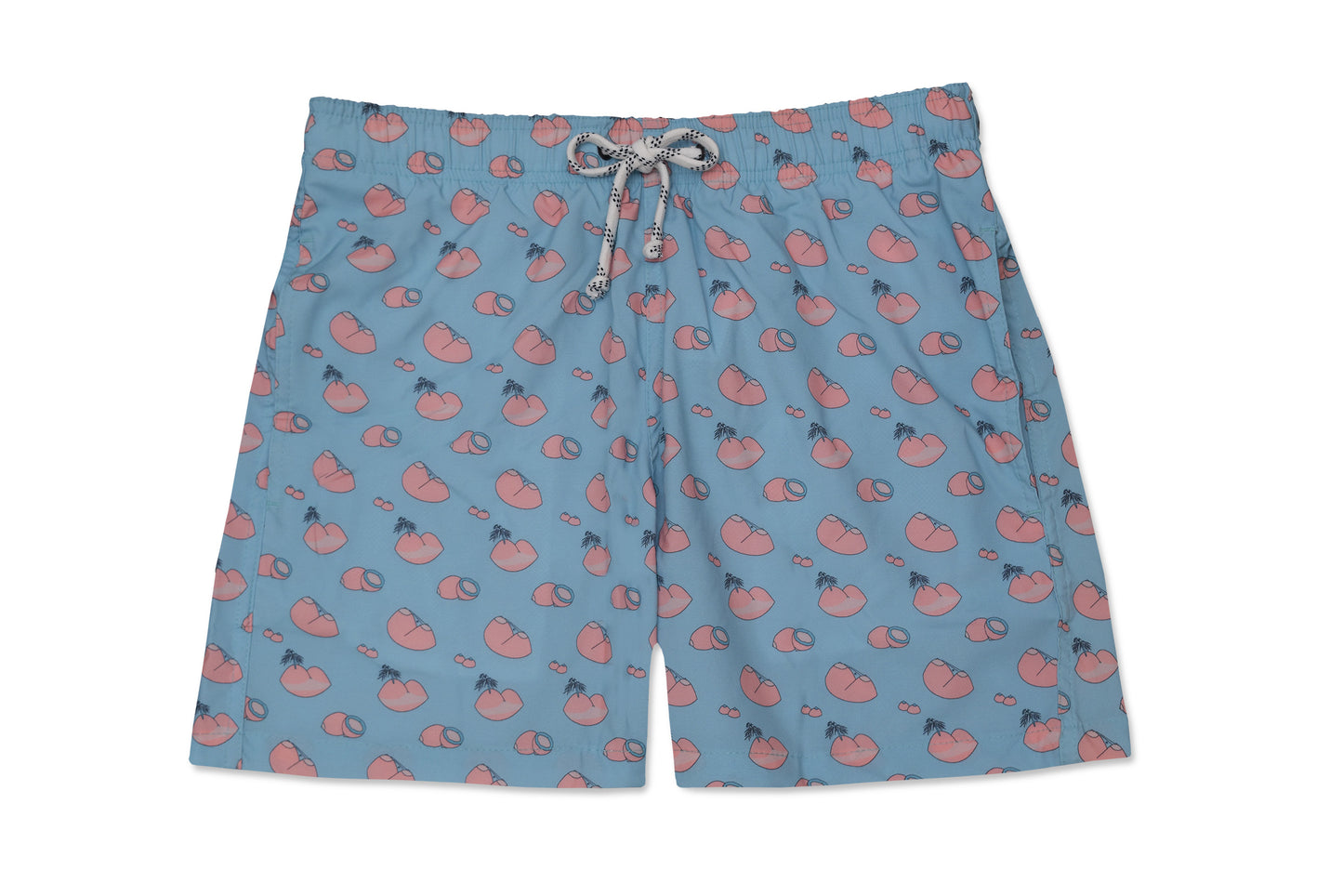 Shorts Sugar Load de praia com estampa floral em tons de azuis e off white no fundo preto que realça todos os detalhes vista frontal.