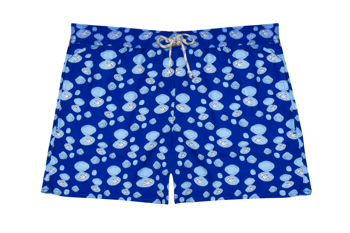Shorts Happy Oyster Azul com estampa de ostras, material tecnológico e elástico no cós, vista frontal.
