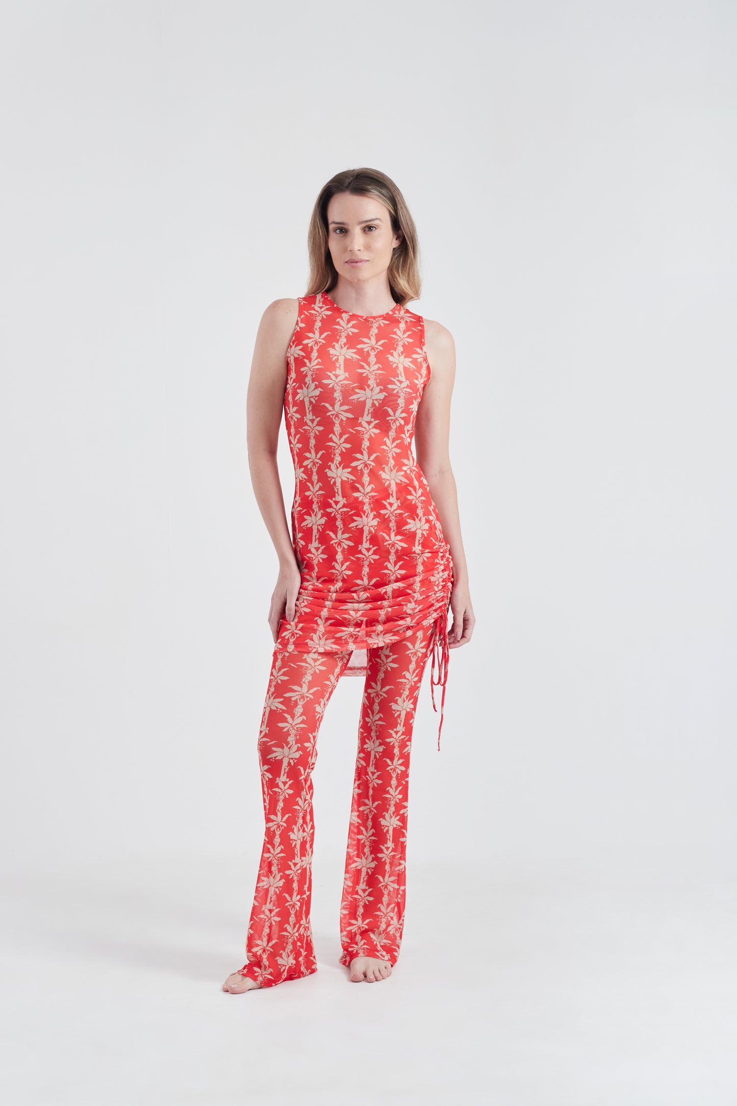 Vestido Drapeado Puxador Fauna & Flora Vermelho/Off White