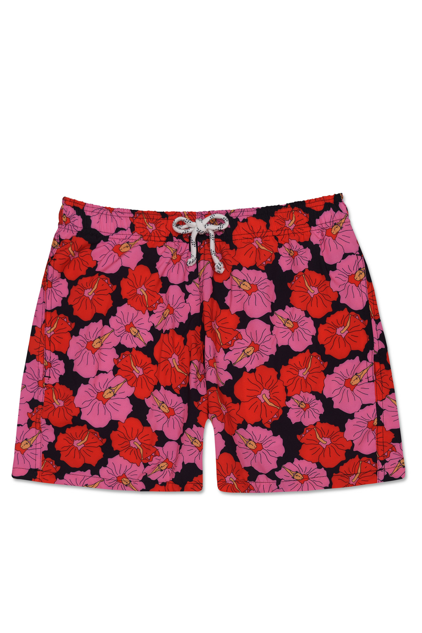 Shorts Poli-Nation de praia com estampa floral em tons de rosa e vermelho, no fundo preto que realça todos os detalhes vista frontal.