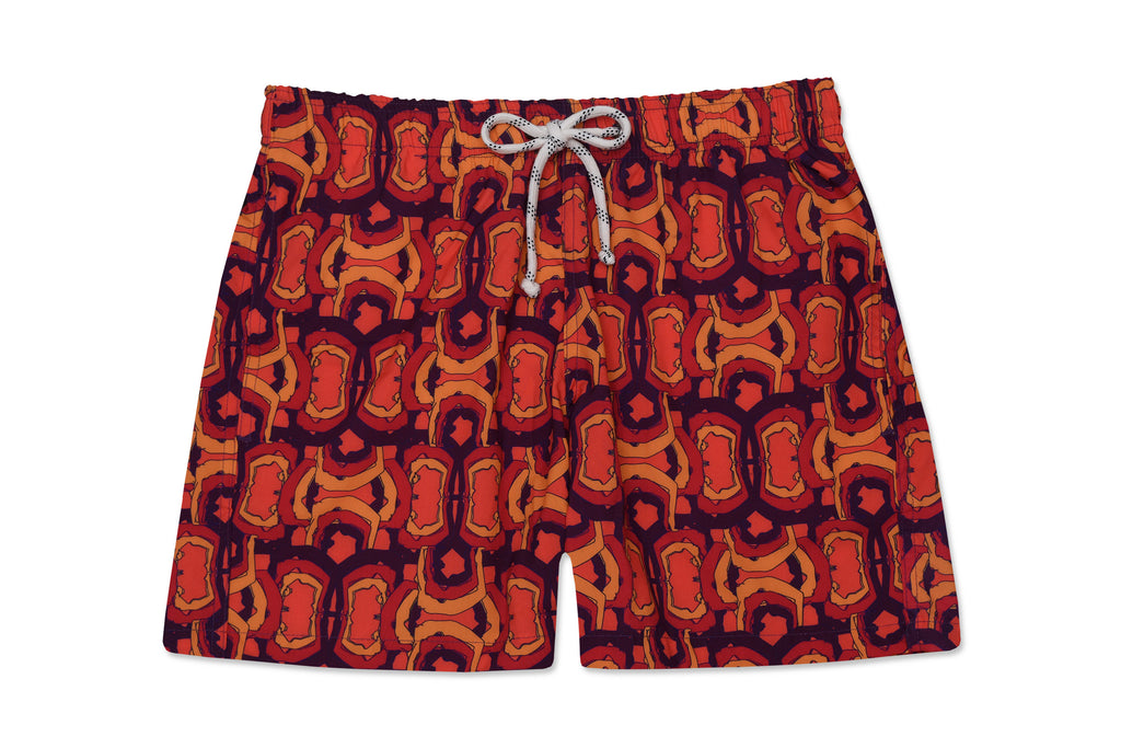 Shorts Yoga Sutra Roxo/Laranja com estampa geométrica em tons vibrantes, ideal para praia e piscina