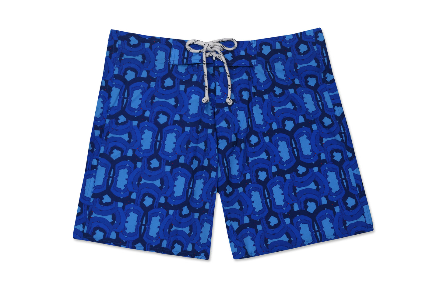 Board Shorts Yoga Sutra com design leve e sofisticado, descontraido sobre Azul com corpos em variadas posiçoes sobre tons de azul. Ideal para praias e piscina, oferecendo conforto, liberdade e estilo.