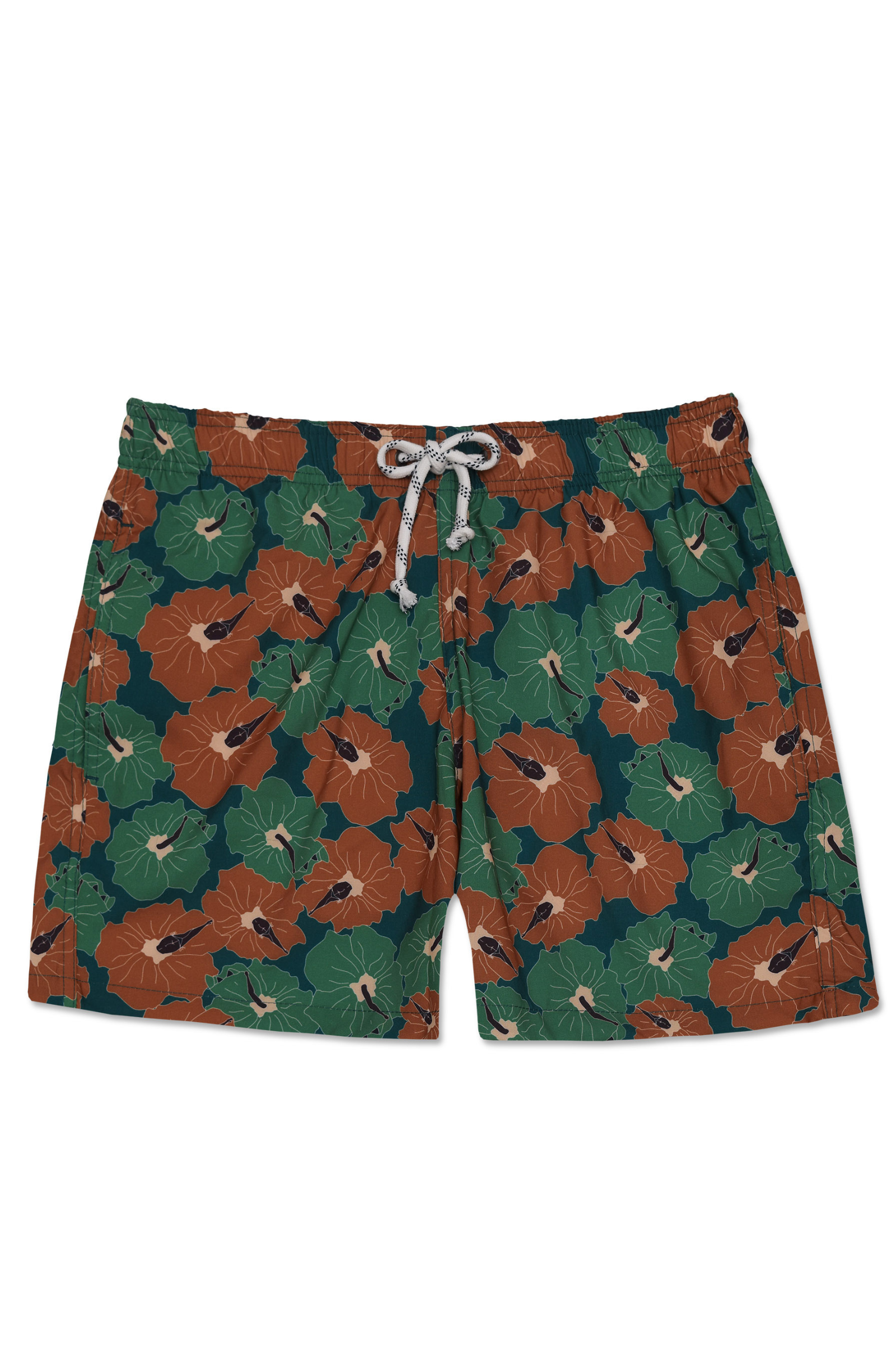 Shorts Poli-Nation Verde/Dijon com estampa floral tropical em tons de verde e mostarda, ideal para atividades ao ar livre.