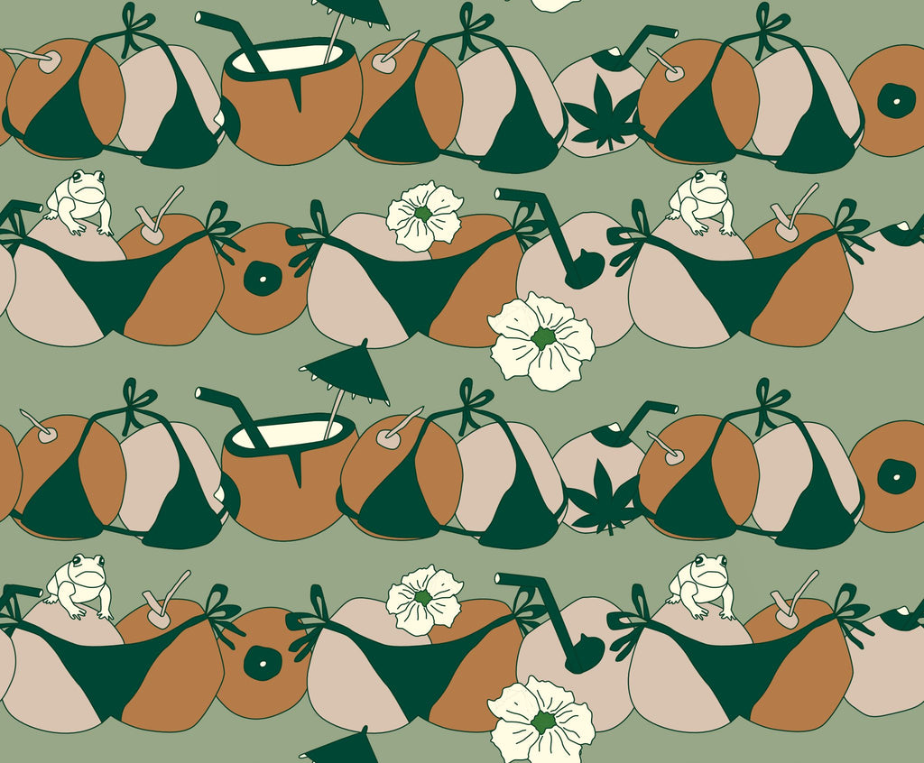 Detalhe da estampa divertida do Shorts Bikini Koko Verde/Branco, perfeita para dias de sol e diversão.