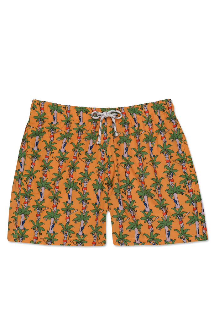 Shorts Fauna e Flora Amarelo com estampa tropical verde, vista frontal.