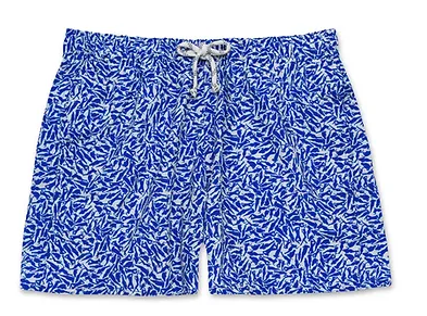 Shorts Tan-Orexia Azul com estampa abstrata azul e branca, material tecnológico, vista frontal.