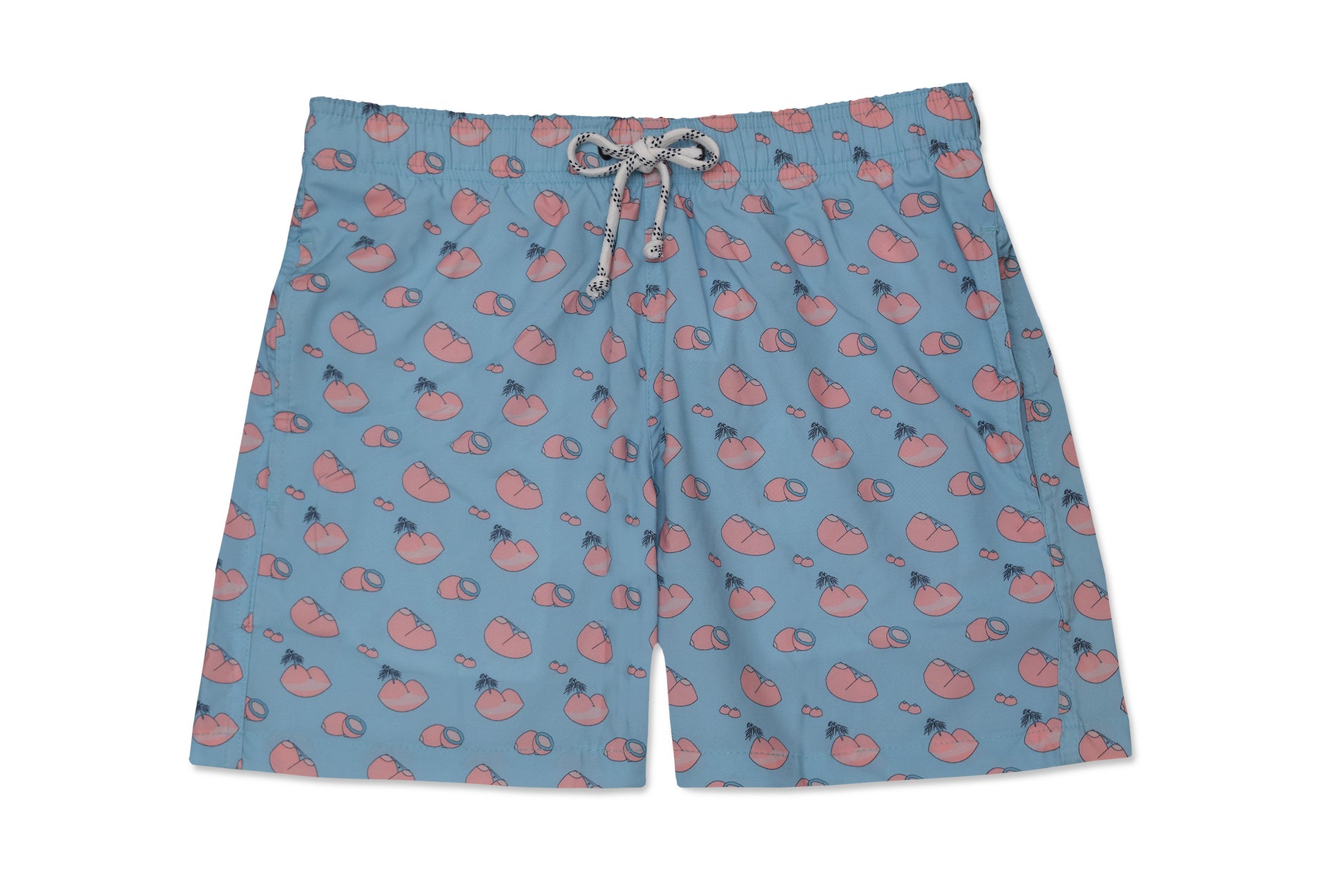 Shorts Sugar Load de praia com estampa floral em tons de azuis e off white no fundo preto que realça todos os detalhes vista frontal.